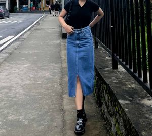 Midi Denim Skirt with Slit