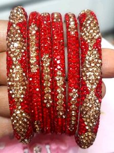 Red &amp; Golden Stone Work Crystal Bangles (Set of 6)
