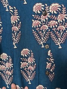 Fusion Blue Floral Print Kurta with Lace Sleeves