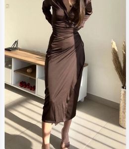 😭 Brown Satin Blouse With Wrap Skirt(