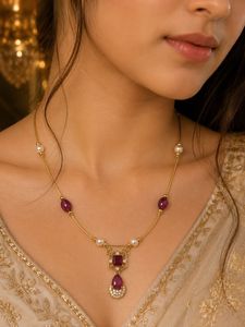 Elegant Gold Necklace with Ruby & Pearls