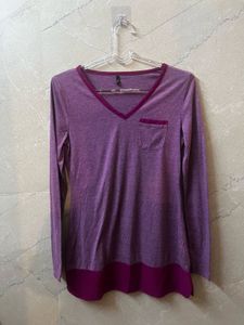 Purple V-Neck Long Sleeve Top with Pocket