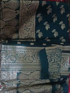Elegant Teal Saree with Gold Brocade