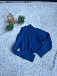 Blue Knit Mock Neck Crop Sweater