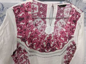 White Kurta with Pink Print and sequins on sleeves