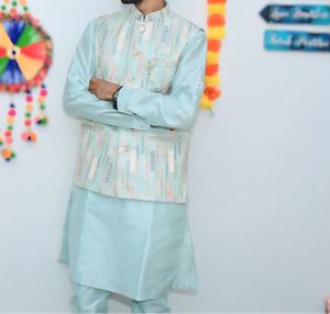 Men's Light Blue Kurta with Nehru Jacket