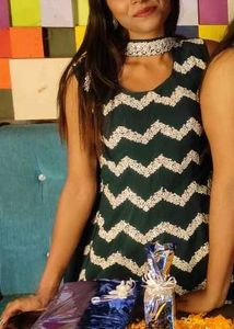 Chic Teal Chevron Kurti &amp; Skirt Set