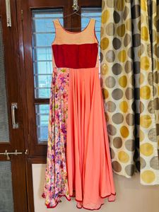 Elegant Peach &amp; Floral Print Gown