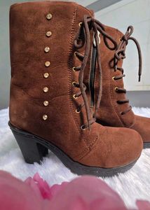 Trendy Brown Heeled Ankle Boots with Stud Detail