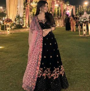 Black Velvet Lehenga Choli with instriced