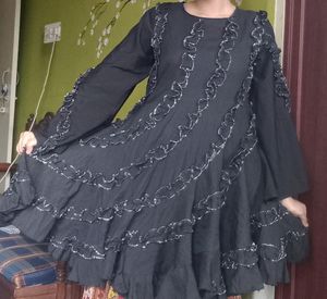 Ruffled Black Dress with Bell Sleeves