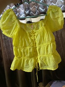 Bright Yellow Puff Sleeve Lace-Up Top