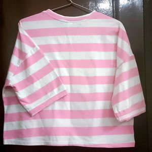 Cute Pink Striped Cartoon Crop Top and off white c