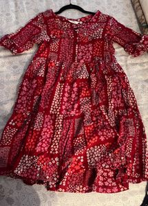 Red Floral Tiered Midi Dress