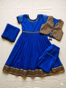 Blue Anarkali Kurta Set with Dupatta & Jacket