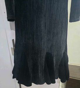 Black Velvet Ribbed Flare Dress
