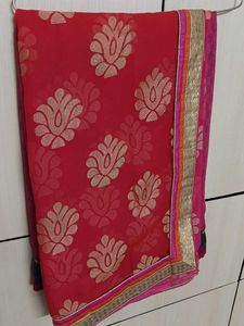 Red and pink Saree with Golden Floral Print