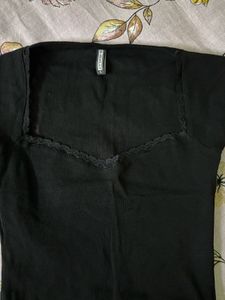 Black Lace Trim Square Neck Top