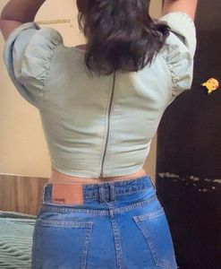 Denim Corset Crop Top With Balloon Sleeves