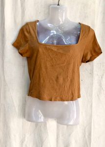 Brown Ribbed Square Neck Crop Top