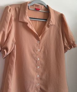 Peach Puff Sleeve Button-Up Blouse
