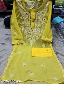 lukhnawi Yellow Embroidered Kurta