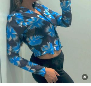 Sheer Floral Print Button-Up Crop Top