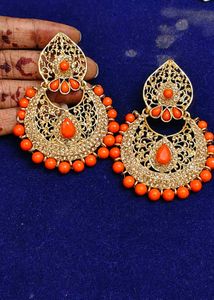 Gold Tone Orange Beaded Earrings