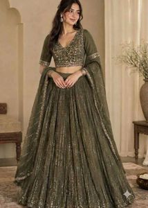 Olive Green Sequined Lehenga Set