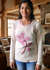 Cozy Cream Sweater with Pink Flower