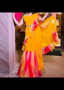 Bright Yellow &amp; Pink Ruffle Saree
