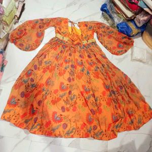 Beautiful Orange Floral Print Gown wth belt