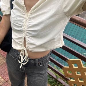 Cream Ruched Cropped Shirt