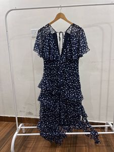 Navy Blue Polka Dot Ruffle detailing Maxi Dress