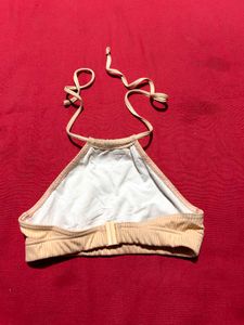 Beige Ribbed Halter Neck Crop Top