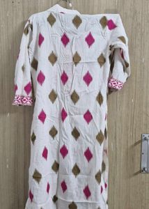 White Kurta with Pink &amp; Brown Ikat Print