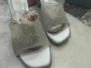 Elegant Silver shining Block Heel Mules