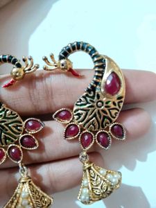 Peacock Design Earrings with Red Stones
