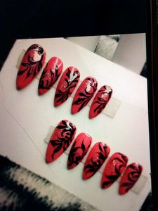 Red & Black Floral Press-On Nails