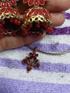 Elegant Red &amp; Gold Jhumka Earrings &amp; Pendant Set
