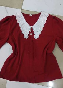 Chic Red Lace Collar Top