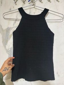 Chic Black Ribbed Halter Neck Tank Top