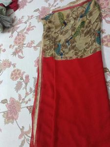 Beige Saree with Peacock Print &amp; Red Blouse
