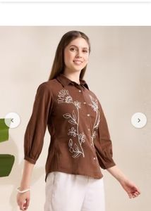 Brown Floral Embroidered Button-Up Shirt