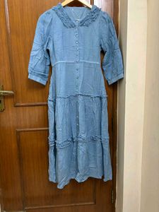 Blue Tiered Midi Dress with Ruffle Collar