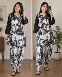 Black & White Floral Satin Kurta Set