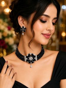 Trendy Black Crystal Beaded Choker Necklace Set