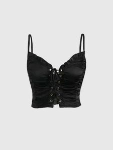 Chic Black Lace-Up Ruched Crop Top