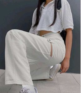 White Cut-Out Wide Leg Jeans