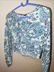 Blue Paisley Print Cropped Top
